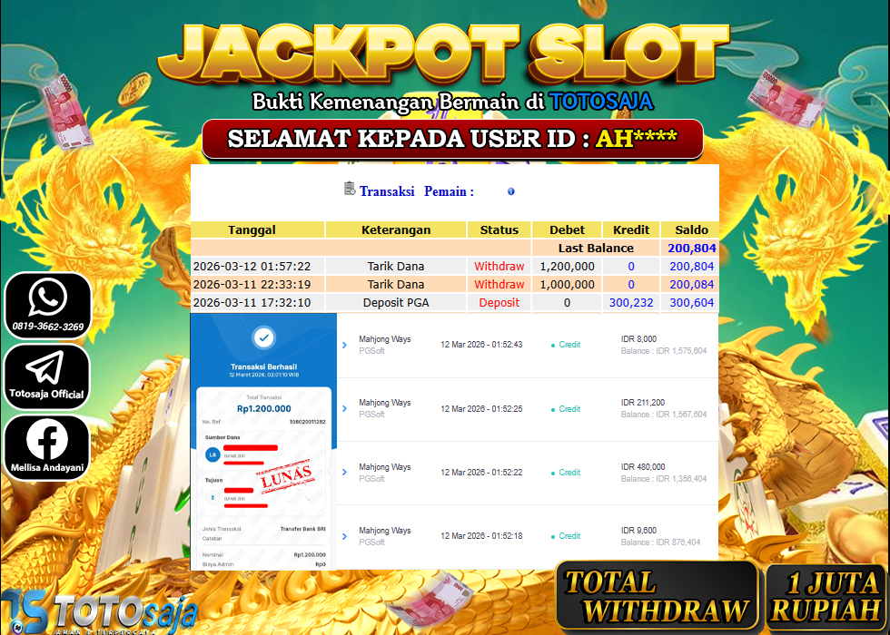 TOTOSAJA JACKPOT SLOT ONLINE MAHJONG WAYS Rp.1.200.000,- LUNAS