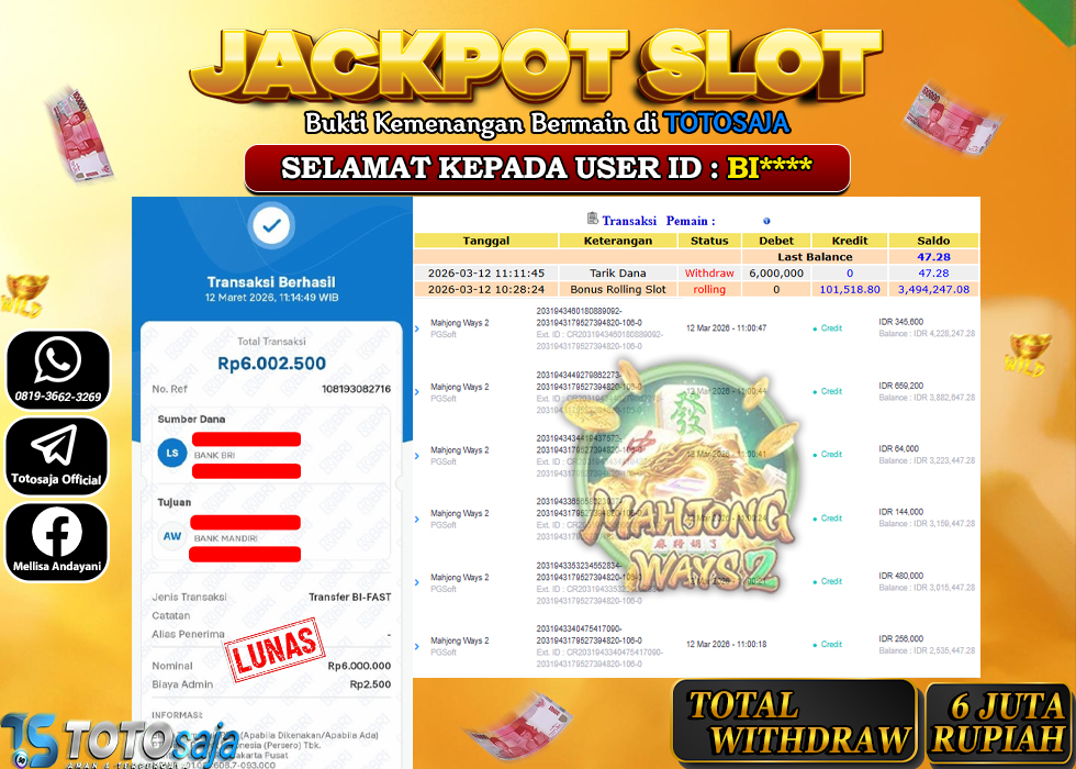 TOTOSAJA JACKPOT SLOT ONLINE MAHJONG WAYS 2 Rp.6.000.000,- LUNAS