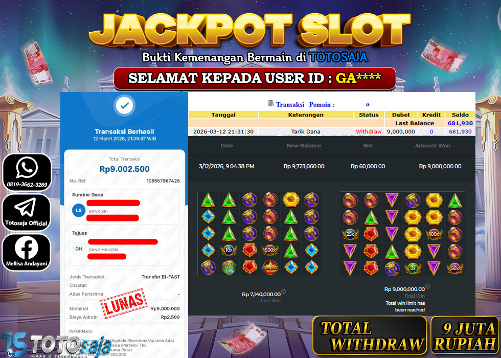TOTOSAJA JACKPOT SLOT ONLINE GATES OF OLYMPUS 1000 Rp.9.000.000,- LUNAS