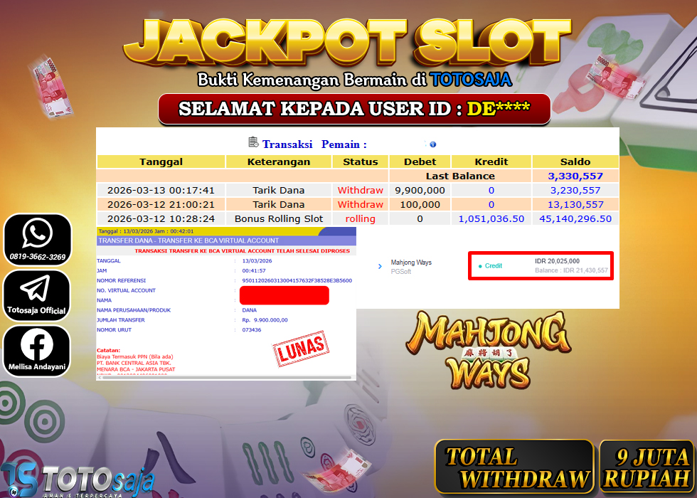 TOTOSAJA JACKPOT SLOT ONLINE MAHJONG WAYS Rp.9.000.000,- LUNAS