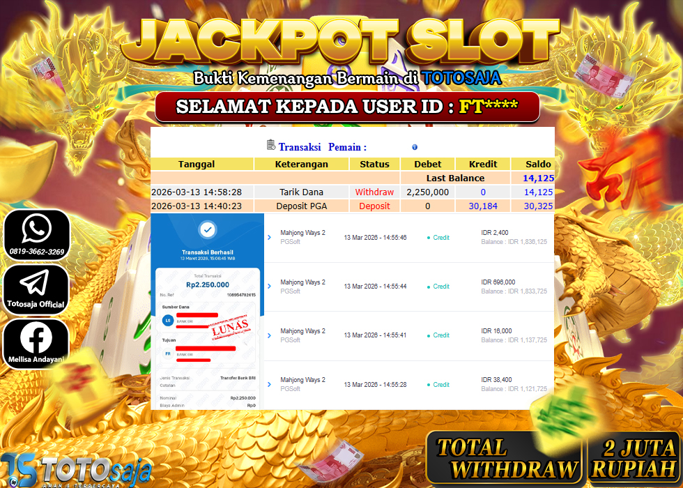 TOTOSAJA JACKPOT SLOT ONLINE MAHJONG WAYS 2 Rp.2.250.000,- LUNAS
