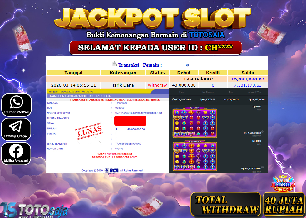 TOTOSAJA JACKPOT SLOT ONLINE STARLIGHT PRINCESS SUPER SCATTER Rp.40.000.000,- LUNAS