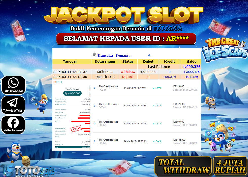 TOTOSAJA JACKPOT SLOT ONLINE THE GREAT ICESCAPE Rp.4.000.000,- LUNAS