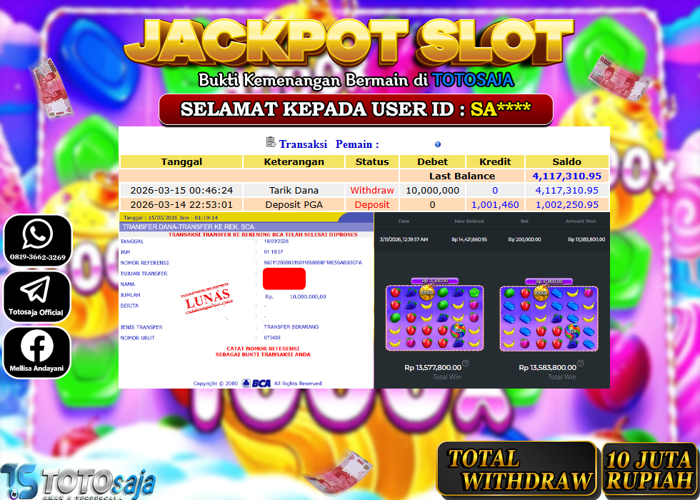 TOTOSAJA JACKPOT SLOT ONLINE SWEET BONANZA 1000 Rp.10.000.000,- LUNAS