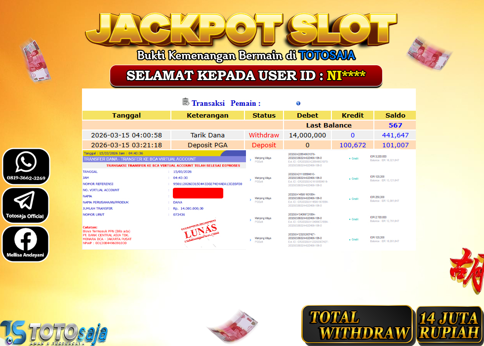 TOTOSAJA JACKPOT SLOT ONLINE MAHJONG WAYS Rp.14.000.000,- LUNAS