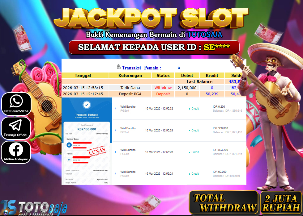 TOTOSAJA JACKPOT SLOT ONLINE  WILD BANDOTI Rp.2.150.000,- LUNAS