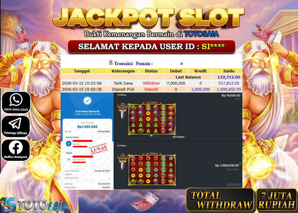 TOTOSAJA JACKPOT SLOT ONLINE GATES OF OLYMPUS SUPER SCATTER Rp.7.000.000,- LUNAS