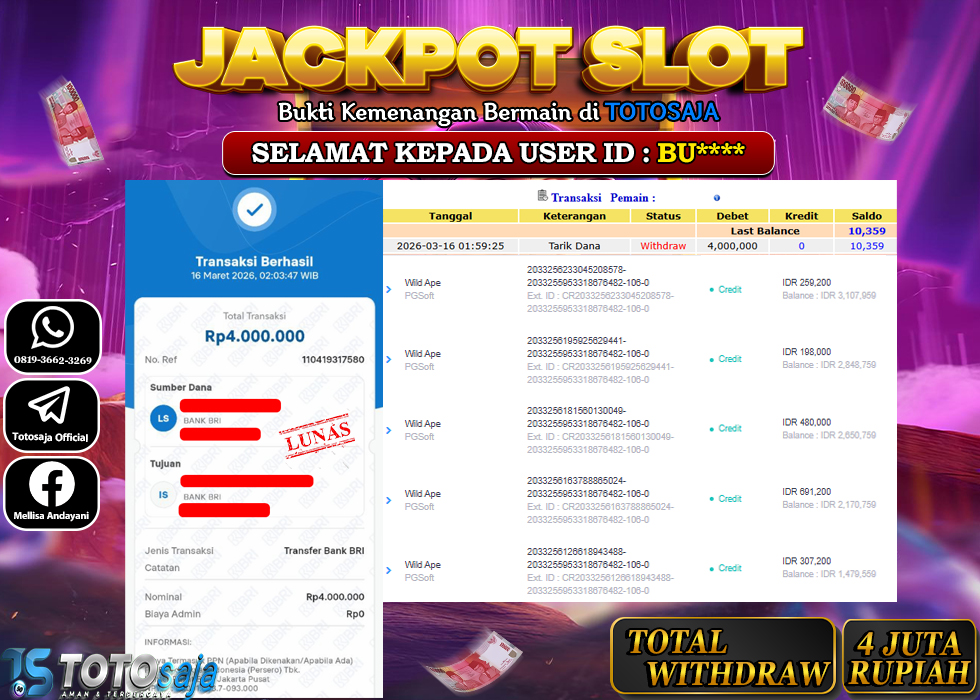 TOTOSAJA JACKPOT SLOT ONLINE  WILD APE Rp.4.000.000,- LUNAS