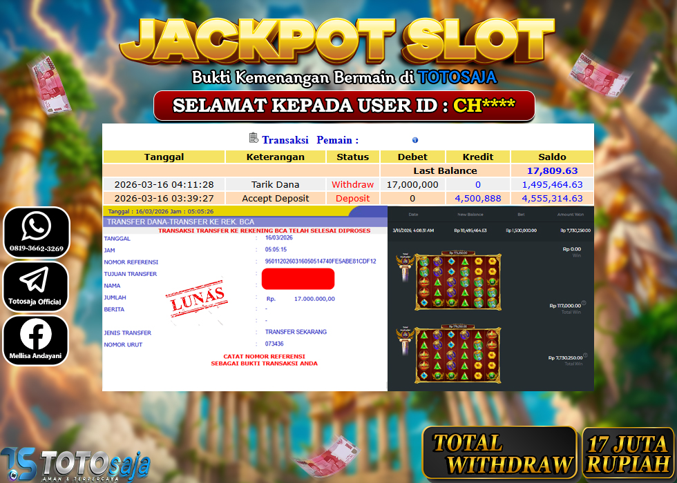 TOTOSAJA JACKPOT SLOT ONLINE GATES OF OLYMPUS SUPER SCATTER Rp.17.000.000,- LUNAS