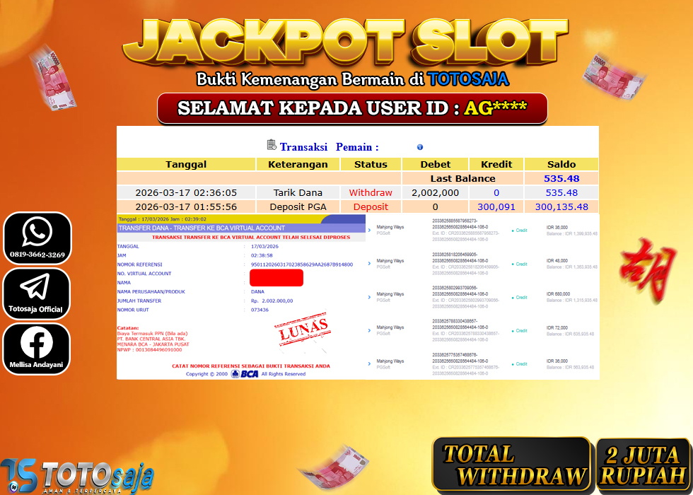 TOTOSAJA JACKPOT SLOT ONLINE MAHJONG WAYS Rp.2.002.000,- LUNAS
