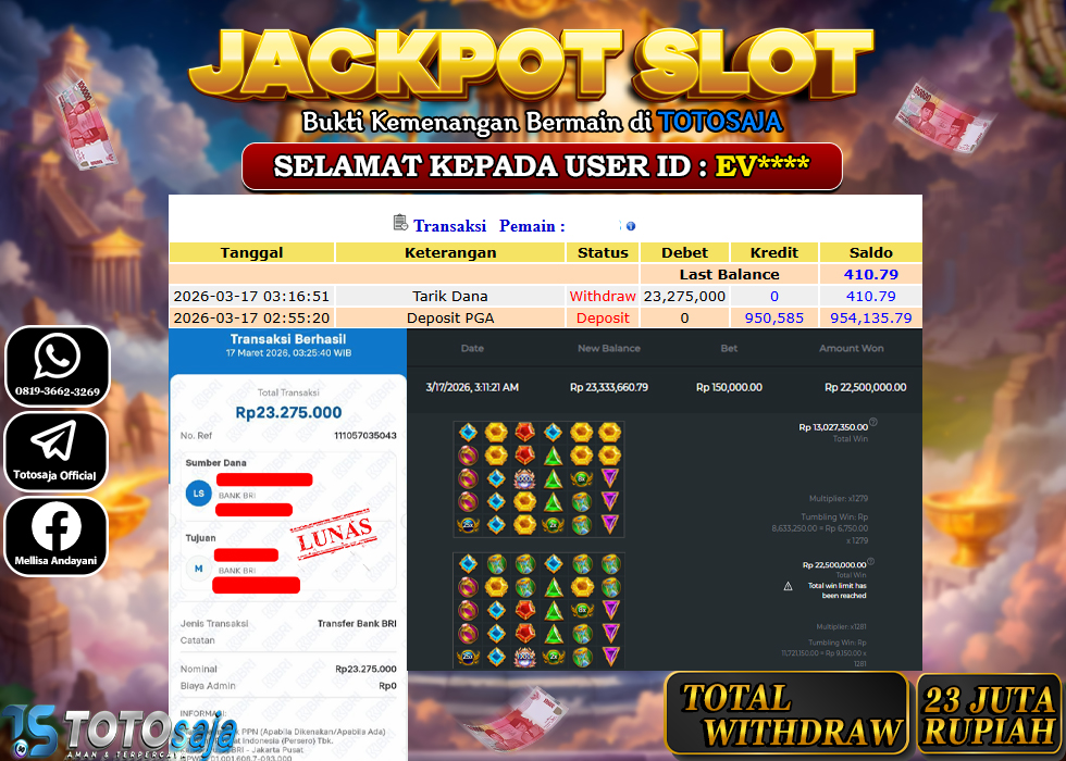 TOTOSAJA JACKPOT SLOT ONLINE GATES OF OLYMPUS 1000 Rp.23.275.000,- LUNAS