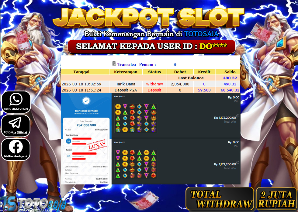 TOTOSAJA JACKPOT SLOT ONLINE GATES OF OLYMPUS 1000 Rp.2.054.000,- LUNAS
