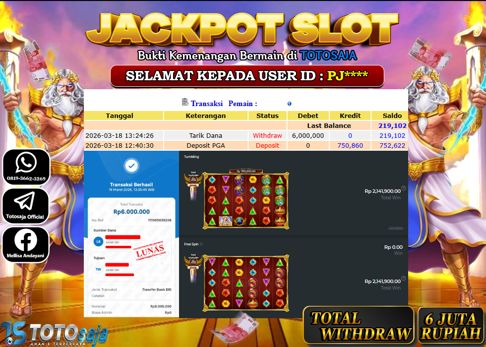 TOTOSAJA JACKPOT SLOT ONLINE GATES OF OLYMPUS SUPER SCATTER Rp.6.000.000,- LUNAS