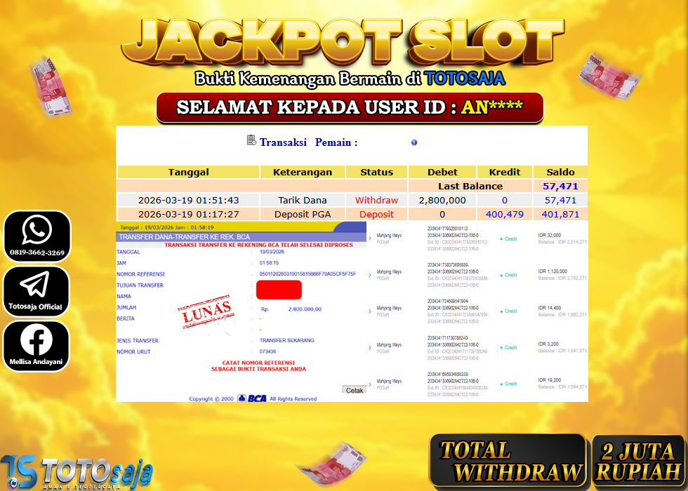 TOTOSAJA JACKPOT SLOT ONLINE MAHJONG WAYS Rp.2.800.000,- LUNAS