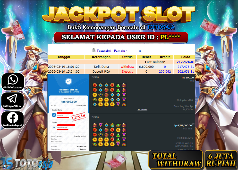 TOTOSAJA JACKPOT SLOT ONLINE GATES OF OLYMPUS 1000 Rp.6.600.000,- LUNAS