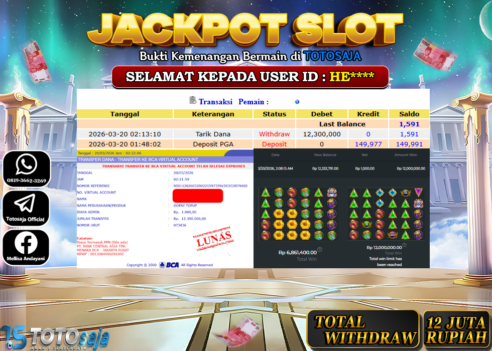 TOTOSAJA JACKPOT SLOT ONLINE GATES OF OLYMPUS 1000 Rp.12.300.000,- LUNAS