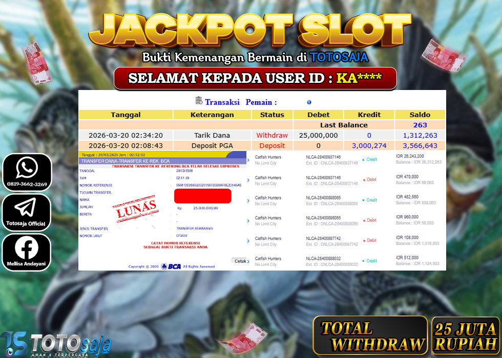 TOTOSAJA JACKPOT SLOT ONLINE CATFISH HUNTERS Rp.25.000.000,- LUNAS
