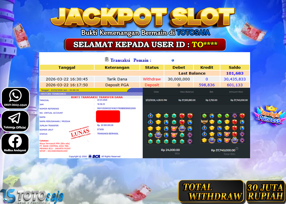 TOTOSAJA JACKPOT SLOT ONLINE STARLIGHT PRINCESS 1000  Rp.30.000.000,- LUNAS
