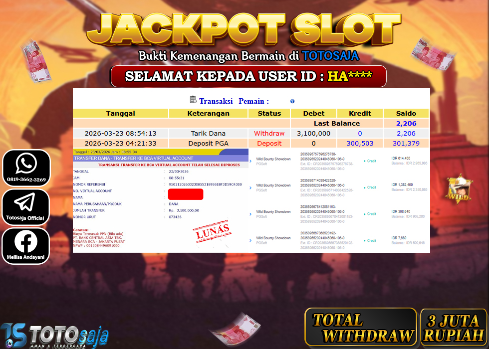 TOTOSAJA JACKPOT SLOT ONLINE WILD BOUNTY SHOWDOWN  Rp.3.100.000,- LUNAS