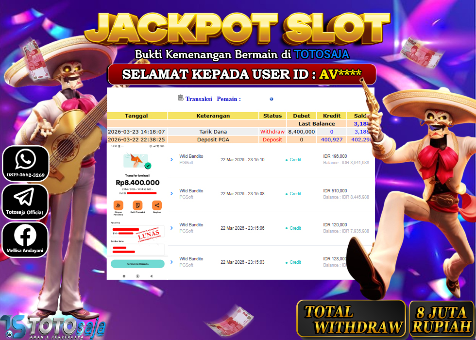 TOTOSAJA JACKPOT SLOT ONLINE WILD BANDITO Rp.8.400.000,- LUNAS