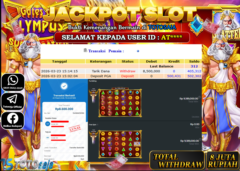 TOTOSAJA JACKPOT SLOT ONLINE GATES OF OLYMPUS SUPER SCATTER Rp.8.500.000,- LUNAS