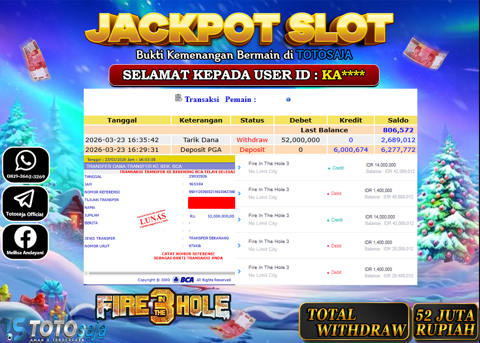 TOTOSAJA JACKPOT SLOT ONLINE FIRE IN THE HOLE 3 Rp.52.000.000,- LUNAS