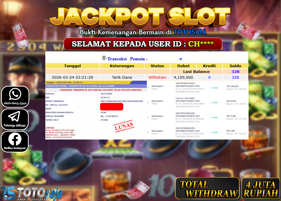 TOTOSAJA JACKPOT SLOT ONLINE MAFIA MAYHEM Rp.4.105.000,- LUNAS