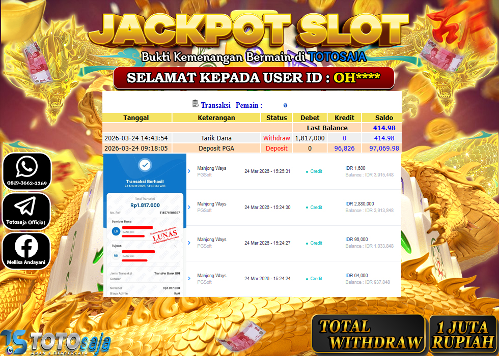 TOTOSAJA JACKPOT SLOT ONLINE MAHJONG Rp.1.817.000,- LUNAS