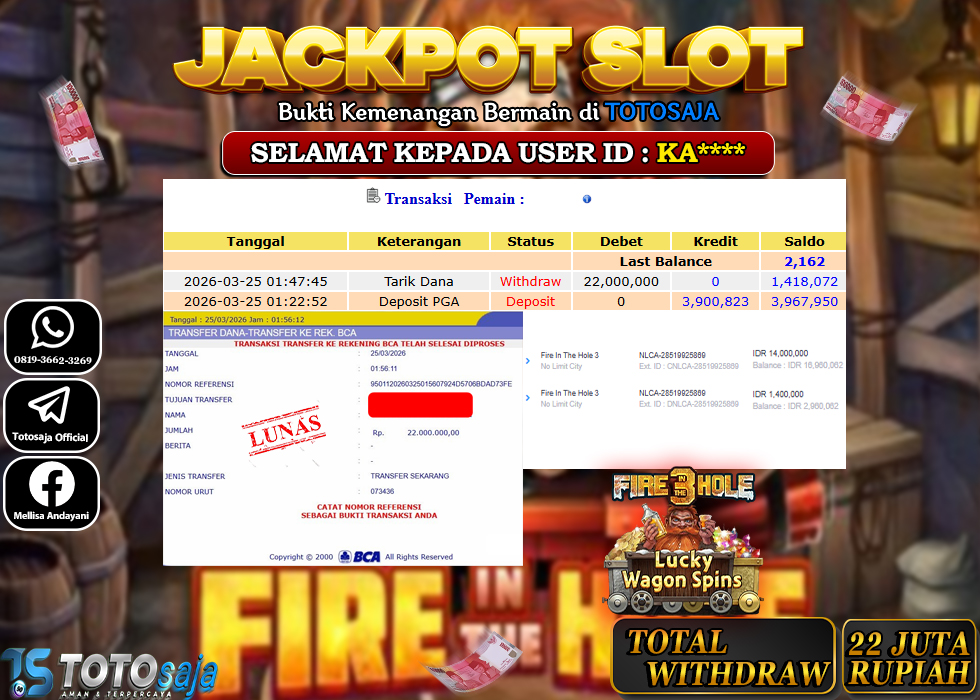 TOTOSAJA JACKPOT SLOT ONLINE FIRE IN THE HOLE 3 Rp.22.000.000,- LUNAS