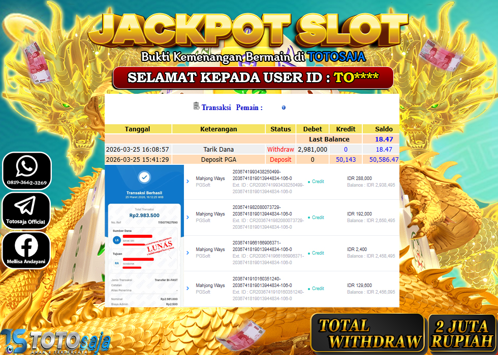 TOTOSAJA JACKPOT SLOT ONLINE MAHJONG Rp.2.981.000,- LUNAS
