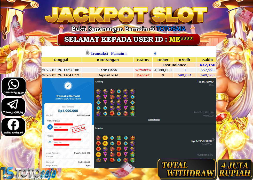 TOTOSAJA JACKPOT SLOT ONLINE GATES OF OLYMPUS  1000 Rp.4.000.000,- LUNAS