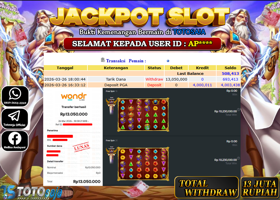 TOTOSAJA JACKPOT SLOT ONLINE GATES OF OLYMPUS SUPER SCATTER Rp.13.050.000,- LUNAS