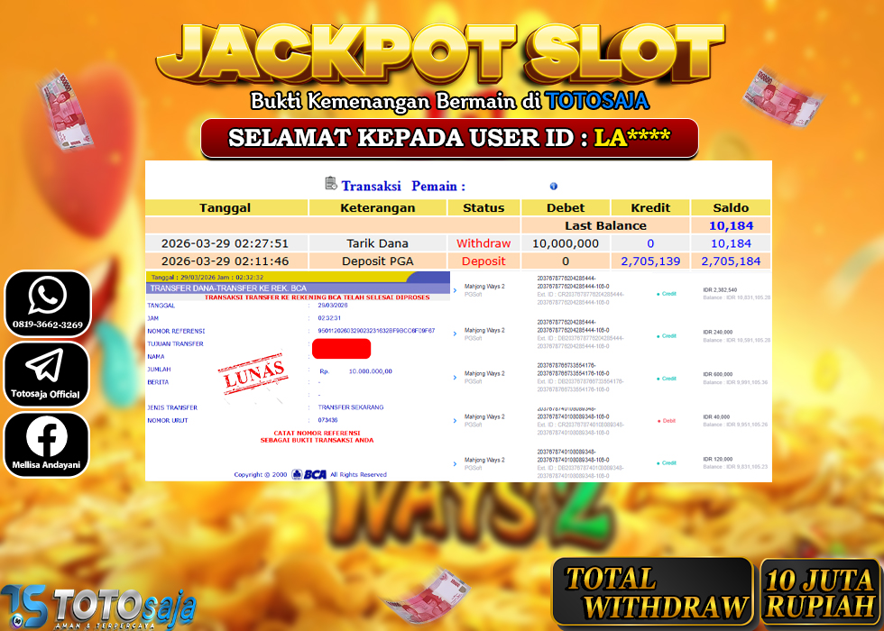 TOTOSAJA JACKPOT SLOT ONLINE MAHJONG WAYS 2 Rp.10.000.000,- LUNAS