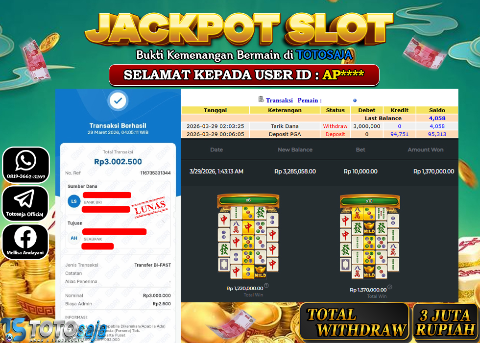TOTOSAJA JACKPOT SLOT ONLINE MAHJONG WINS 2 Rp.3.000.000,- LUNAS