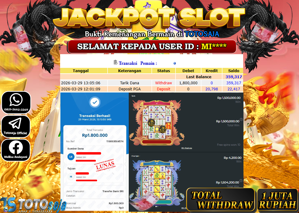 TOTOSAJA JACKPOT SLOT ONLINE MAHJONG WINS 3 - BLACK SCATTER Rp.1.800.000,- LUNAS
