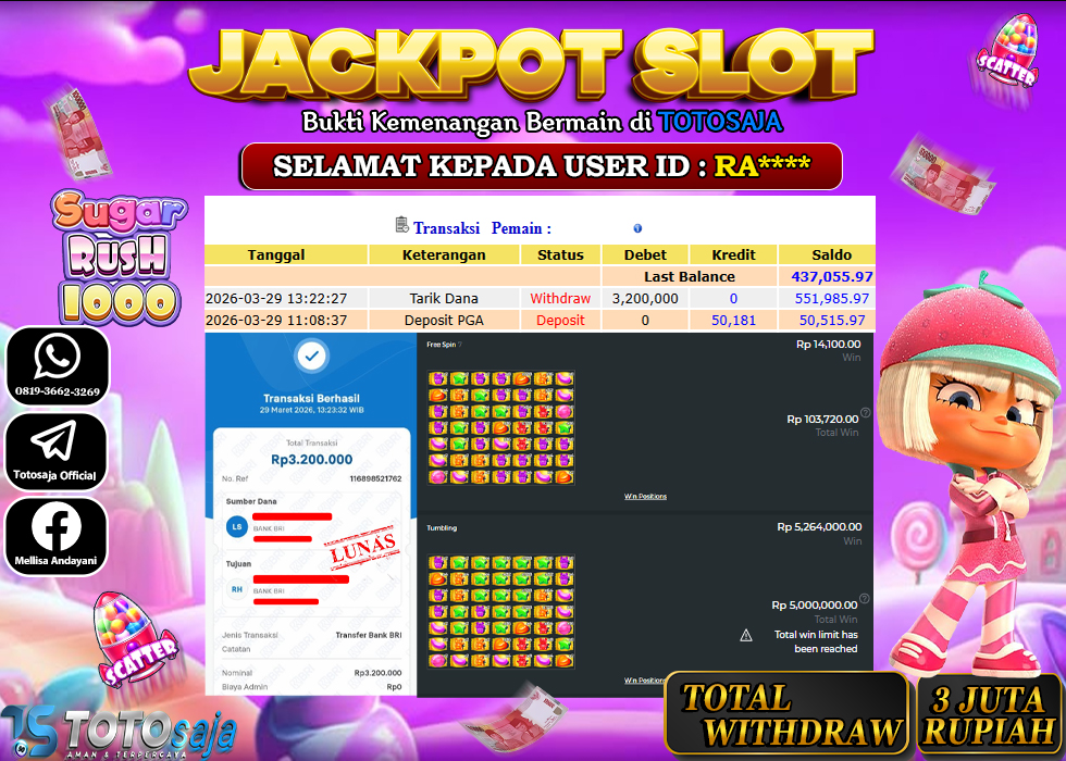 TOTOSAJA JACKPOT SLOT ONLINE SUGAR RUSH 1000 Rp.3.200.000,- LUNAS