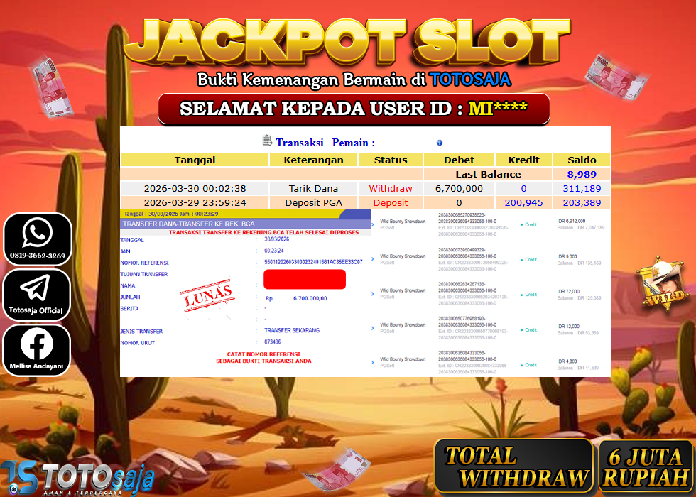 TOTOSAJA JACKPOT SLOT ONLINE WILD BOUNTY SHOWDOWN Rp.6.700.000,- LUNAS