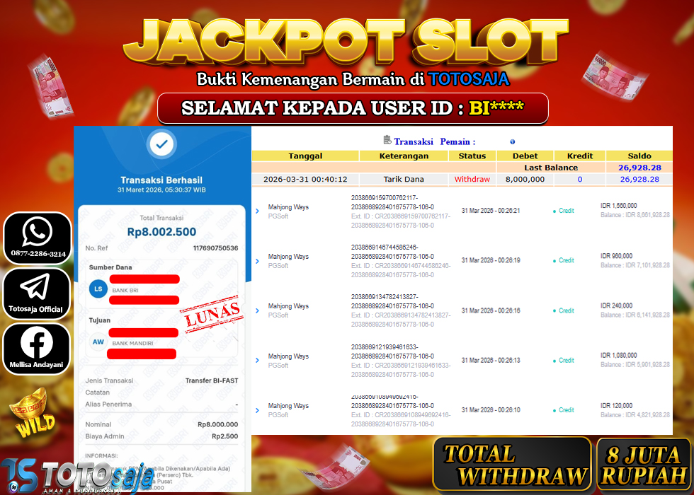 TOTOSAJA JACKPOT SLOT ONLINE  MAHJONG WAYS Rp.8.000.000,- LUNAS