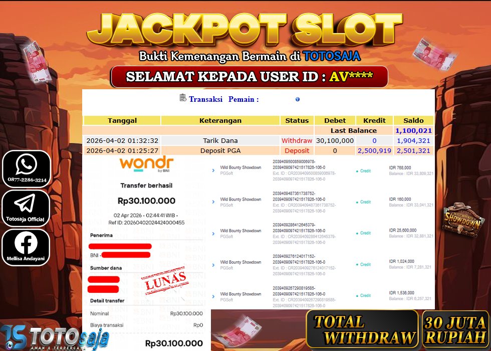 TOTOSAJA JACKPOT SLOT ONLINE WILD BOUNTY SHOWDOWN Rp.30.100.000,- LUNAS