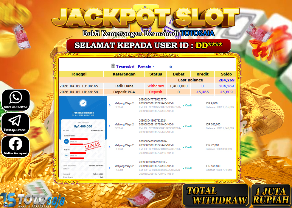 TOTOSAJA JACKPOT SLOT ONLINE MAHJONG WAYS 2 Rp.1.400.000,- LUNAS