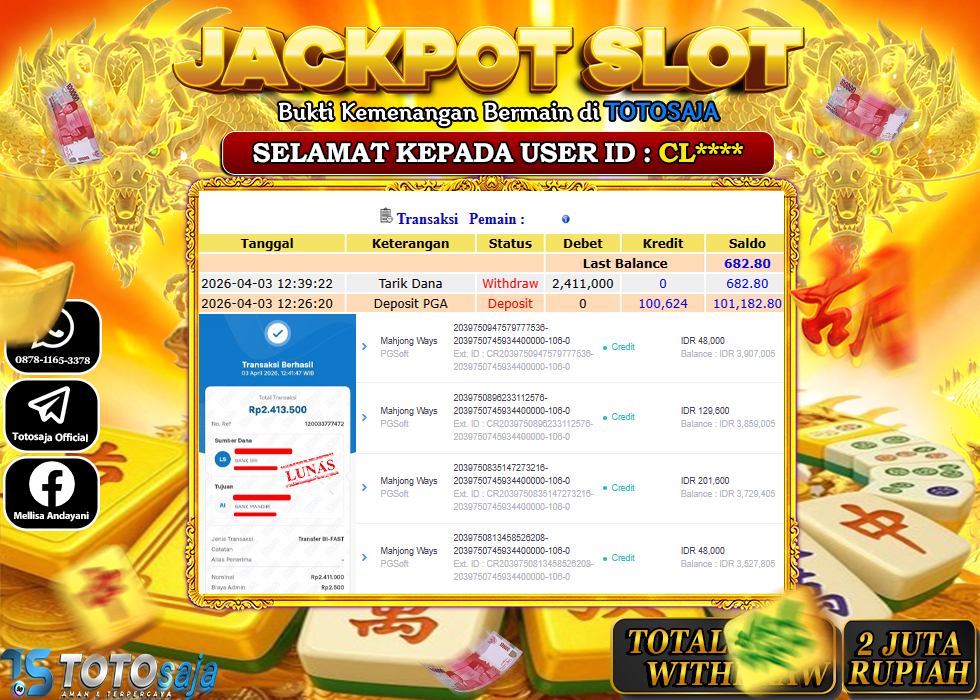 TOTOSAJA JACKPOT SLOT ONLINE MAHJONG WAYS Rp.2.411.000,- LUNAS