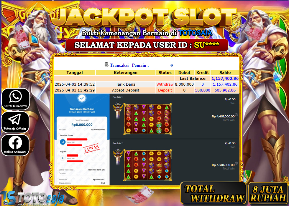 TOTOSAJA JACKPOT SLOT ONLINE GATES OF OLYMPUS SUPER Rp.8.000.000,- LUNAS