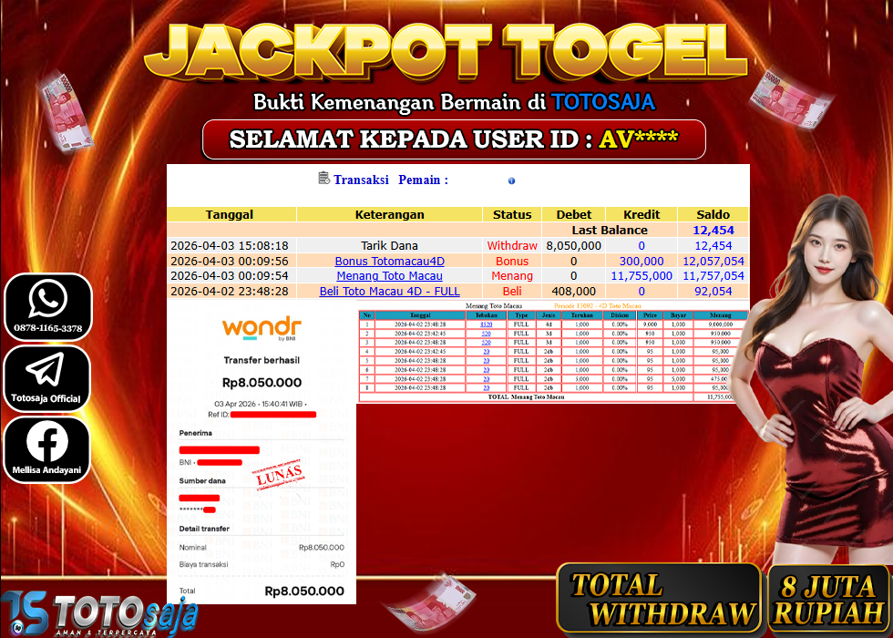 TOTOSAJA JACKPOT TOGEL ONLINE TOTOMACAU Rp.8.050.000,- LUNAS
