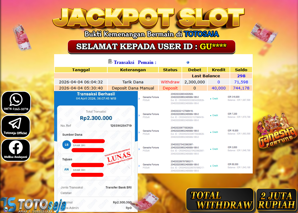 TOTOSAJA JACKPOT SLOT ONLINE GANESHA FORTUNE Rp.2.300.000,- LUNAS