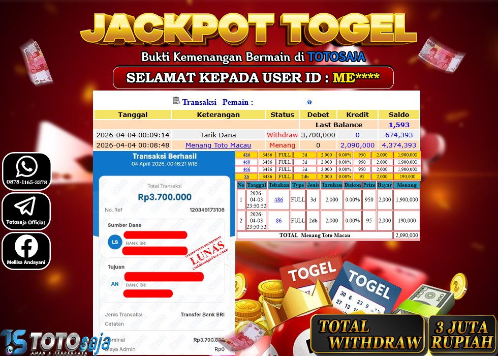 TOTOSAJA JACKPOT TOGEL ONLINE TOTOMACAU Rp.3.700.000,- LUNAS