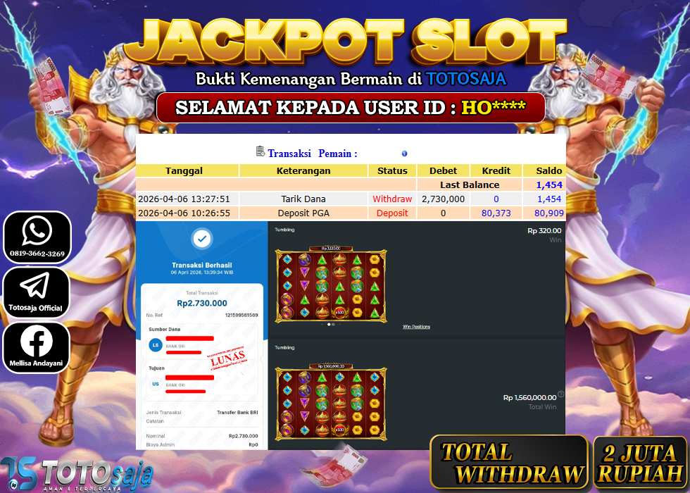 TOTOSAJA JACKPOT SLOT ONLINE GATES OF OLYMPUS SUPER Rp.2.730.000,- LUNAS