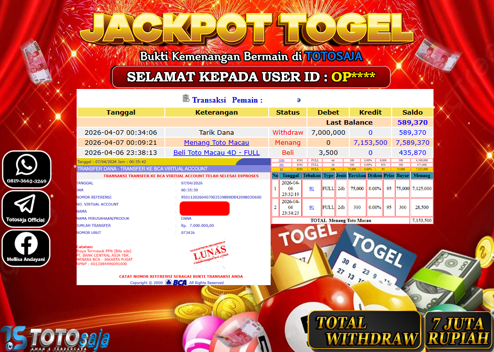 TOTOSAJA JACKPOT TOGEL ONLINE TOTOMACAU Rp.7.000.000,- LUNAS