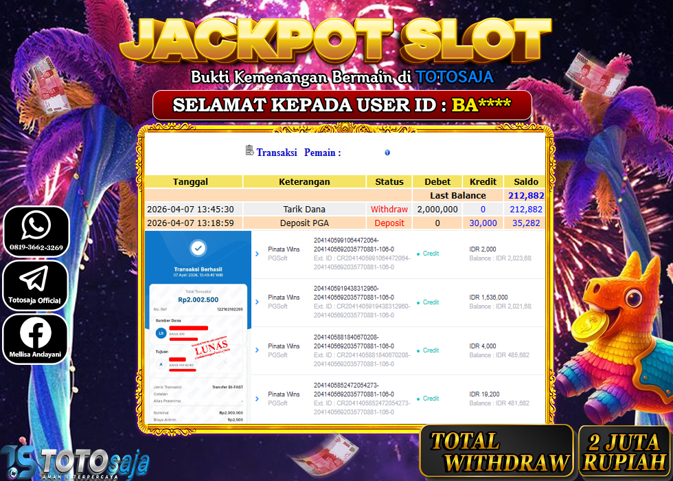 TOTOSAJA JACKPOT SLOT ONLINE PINATA WINS Rp.2.000.000,- LUNAS