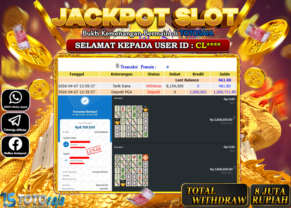 TOTOSAJA JACKPOT SLOT ONLINE MAHJONG MANIA Rp.8.154.000,- LUNAS