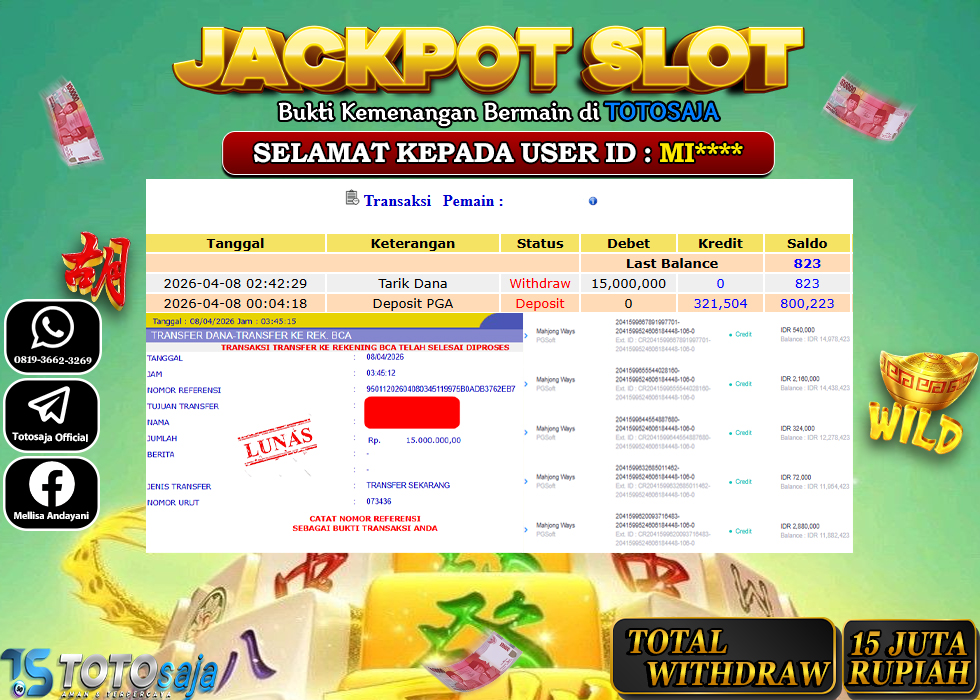 TOTOSAJA JACKPOT SLOT ONLINE MAHJONG WAYS Rp.15.000.000,- LUNAS